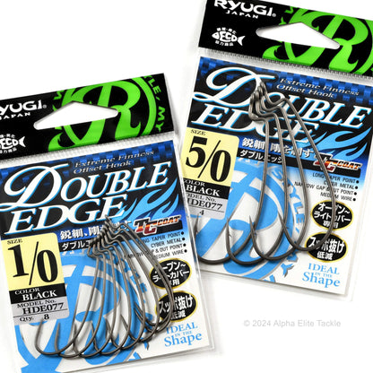 Two packages of Ryugi Double Edge fishing hooks with visible branding and product details.