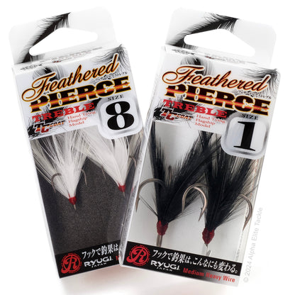 Two packages of Feathered Pierce Treble Hooks with black and white feathers on a white background.