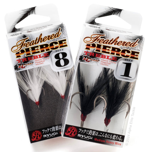 Two packages of Feathered Pierce Treble Hooks with black and white feathers on a white background.
