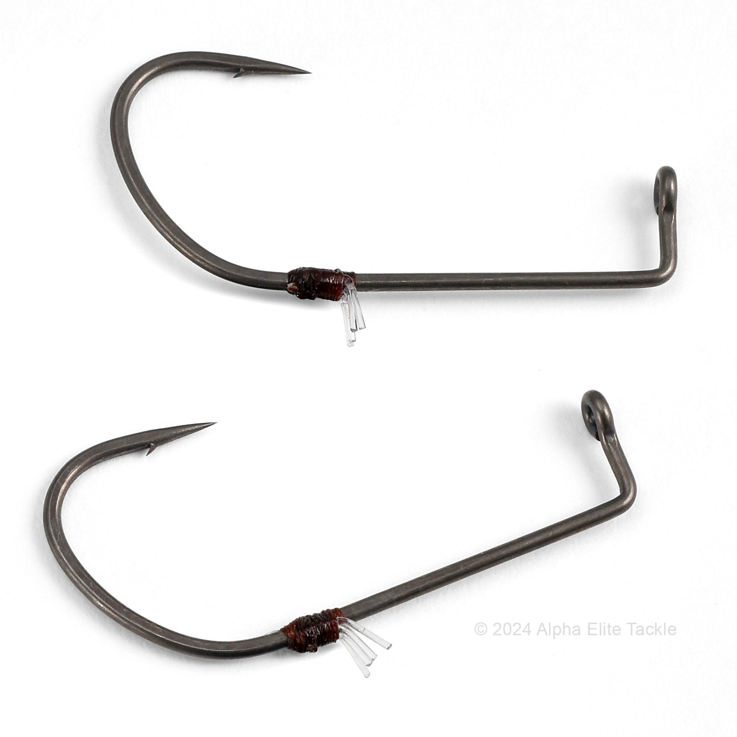 Close up of two Ryugi Hover Shot Strolling Hooks on a white background