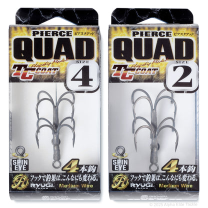 Two packages of Pierce Quad fishing hooks with different sizes on a white background.