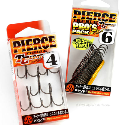 Two packages of Ryugi Japan Pierce TC Treble Hooks regular and pro's pack on white background