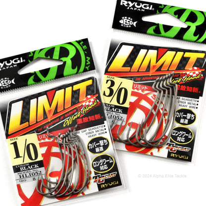 Two packages of Ryugi Limit Offset fishing hooks with visible branding and product details.