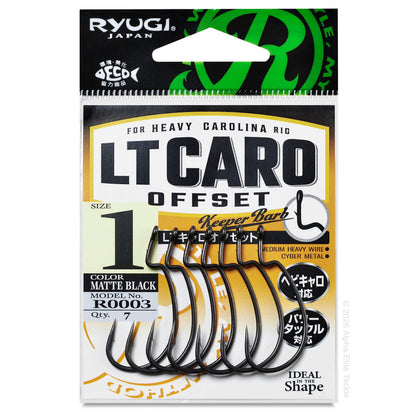 Packaged Ryugi LT Caro Offset fishing hooks with visible branding and product details.