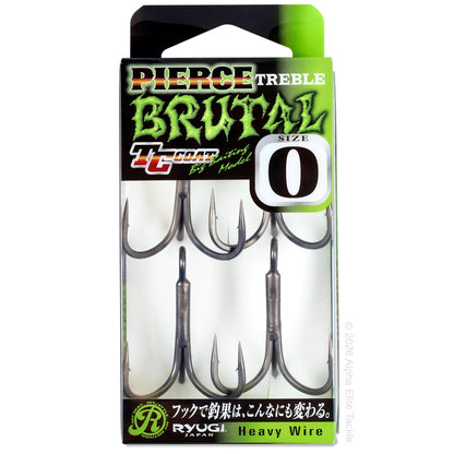 Packaged Pierce Brutal treble hooks with branding and size indicator on a white background