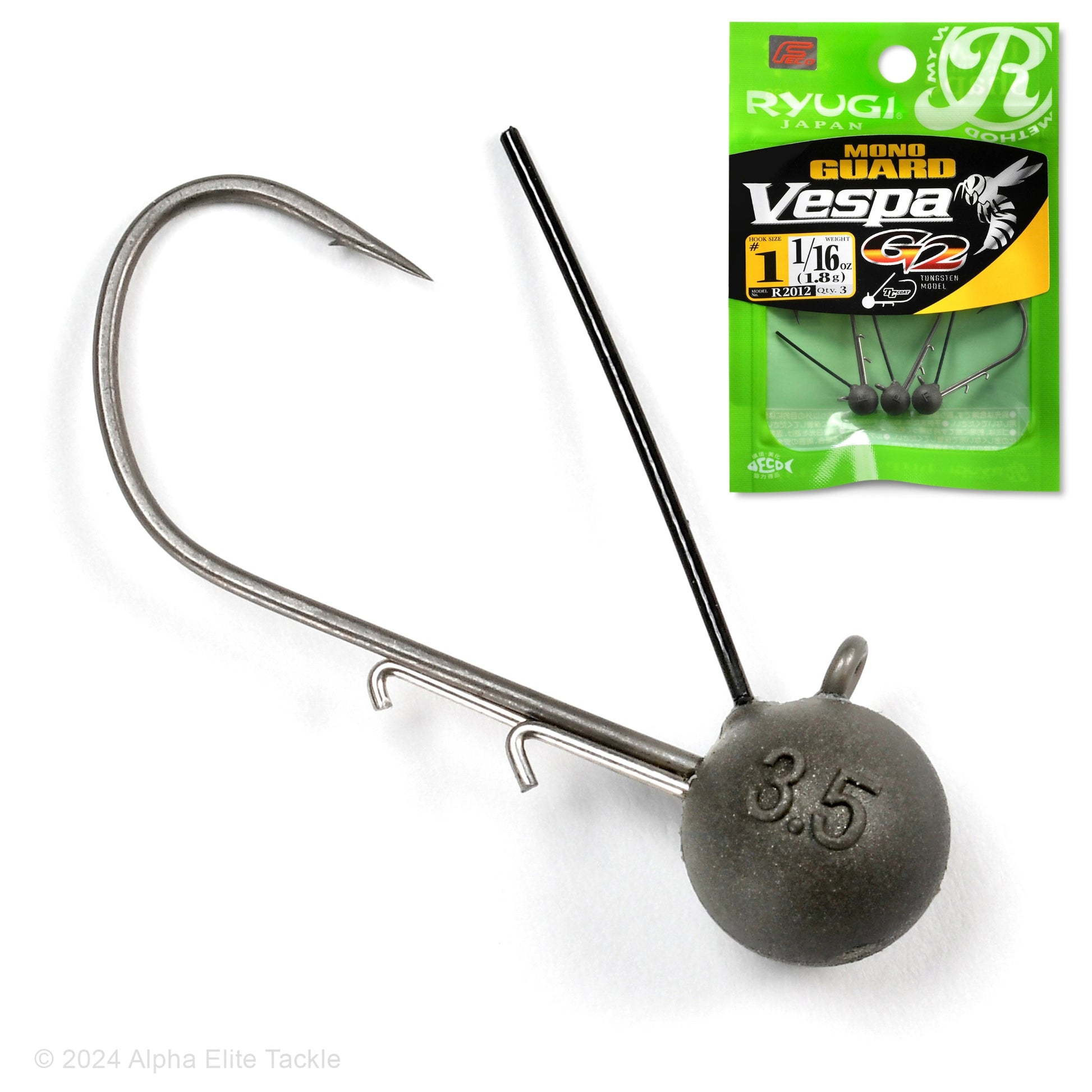 Fishing hook with weight and Ryugi Vespa branded packaging on a white background