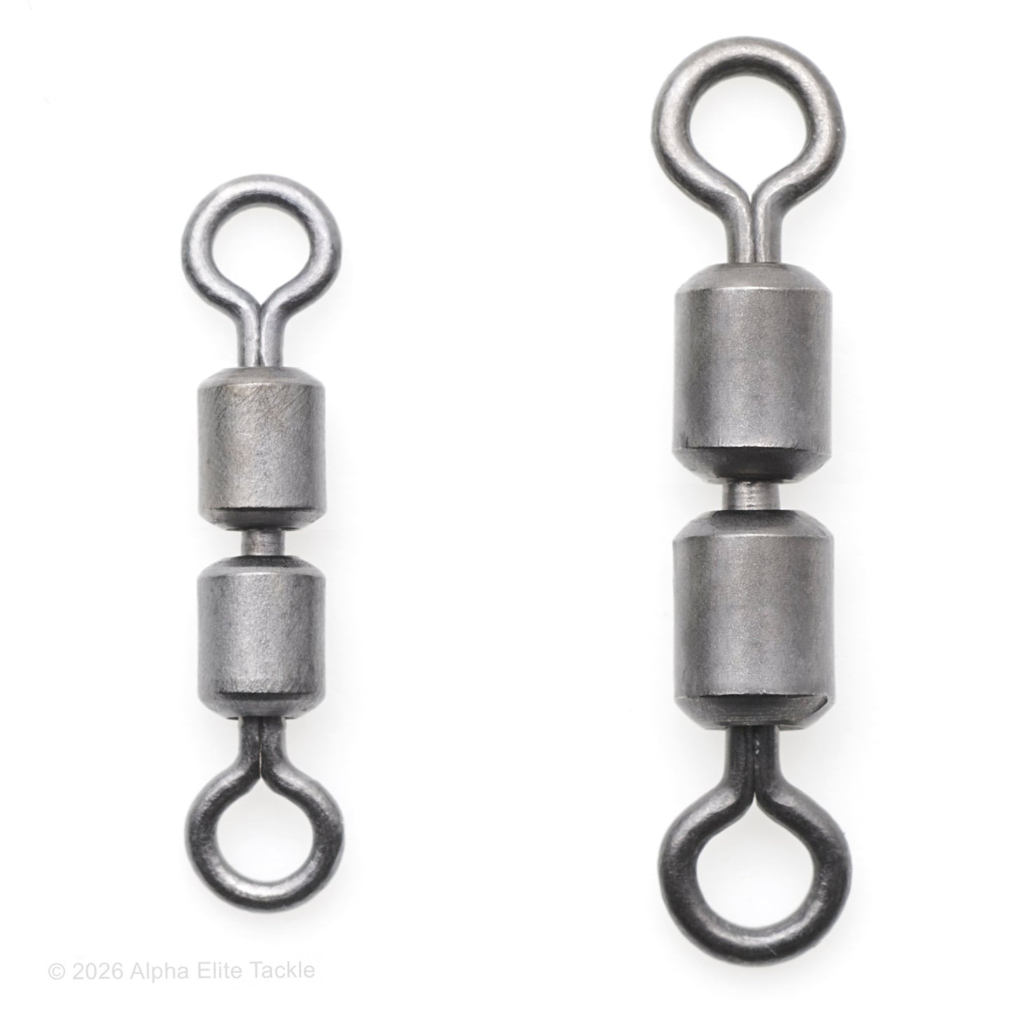 Two metal fishing swivels on a white background