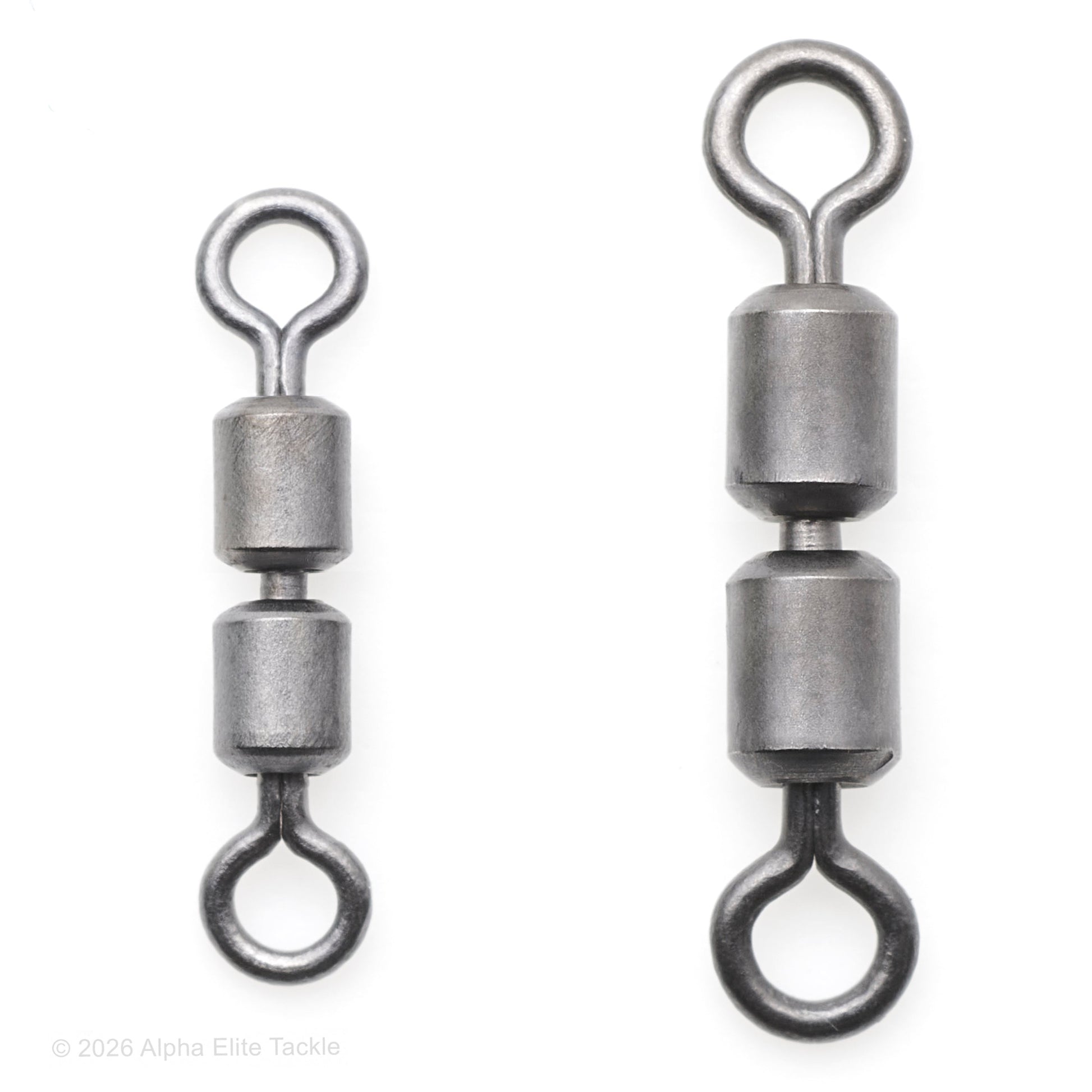Two metal fishing swivels on a white background