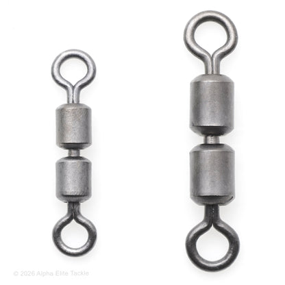 Two metal fishing swivels on a white background
