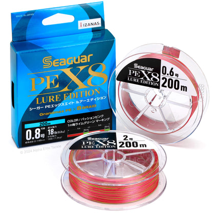 Seaguar PE X8 Lure Edition fishing line packaging and spools on a white background