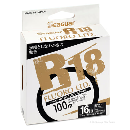 Seaguar R18 Fluoro Ltd. fishing line packaging on a white background
