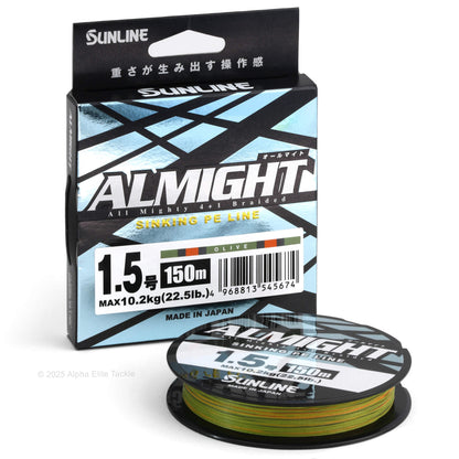 Sunline Almight  fishing line in the color Olive packaging with spool on a white background
