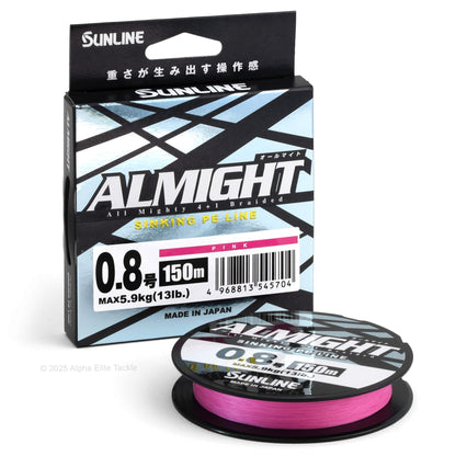 Sunline Almight fishing line in the color pink packaging with spool on a white background