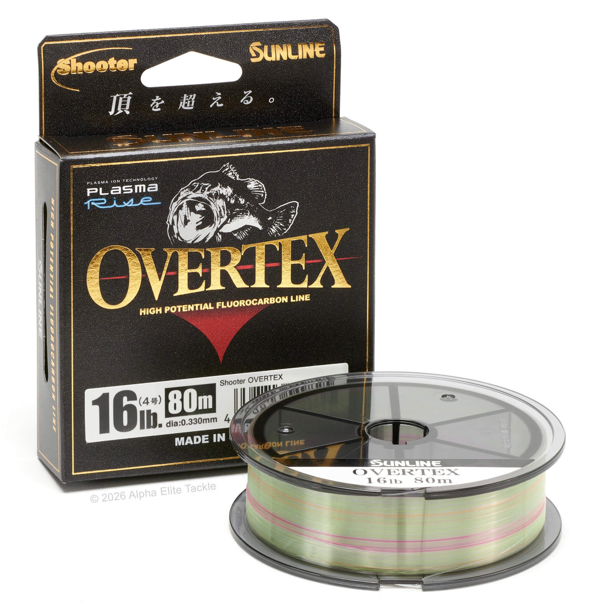 Spool of Sunline Shooter Overtex Fluorocarbon fishing line and its packaging on a white background 