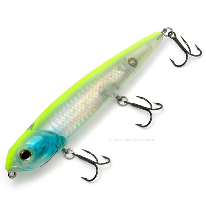 Close up of the Teckel Kicknocker Topwater in the color Chartreuse Shiner on a white background