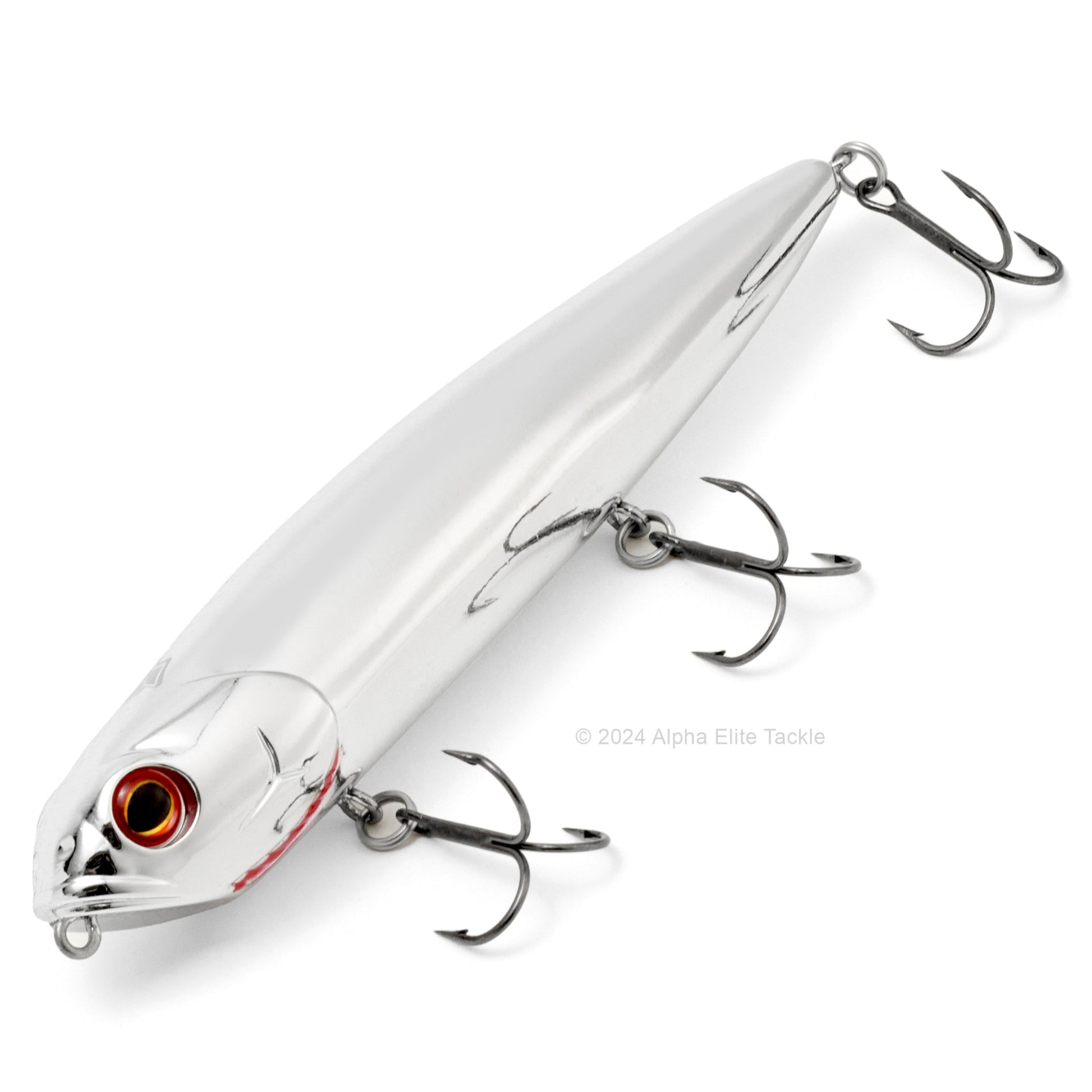 Close up of the Teckel Kicknocker Topwater in the color Chrome on a white background