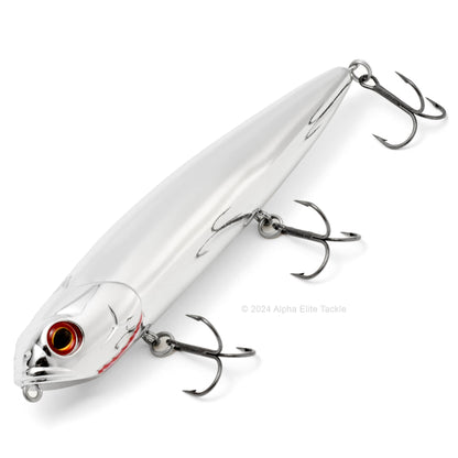 Close up of the Teckel Kicknocker Topwater in the color Chrome on a white background