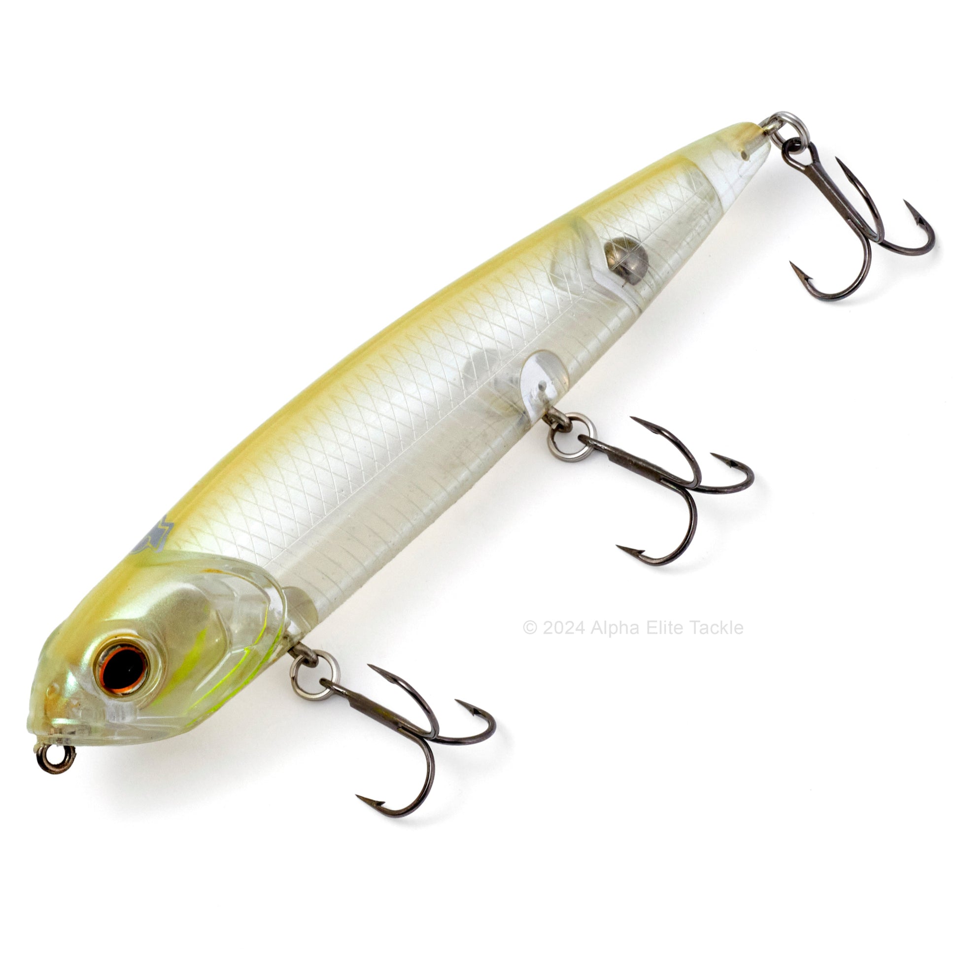 Close up of the Teckel Kicknocker Topwater in the color Clear Ice on a white background