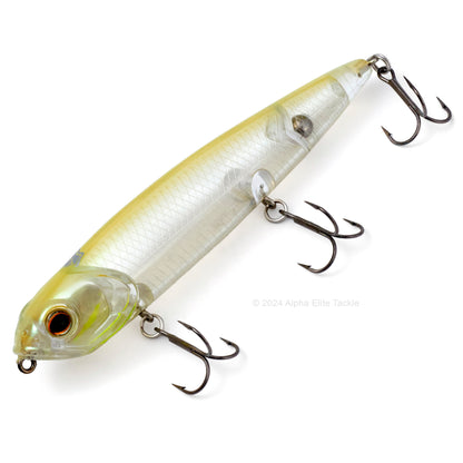 Close up of the Teckel Kicknocker Topwater in the color Clear Ice on a white background