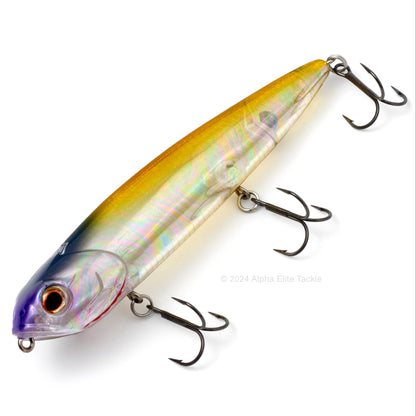 Close up of the Teckel Kicknocker Topwater in the color Lime Ice on a white background