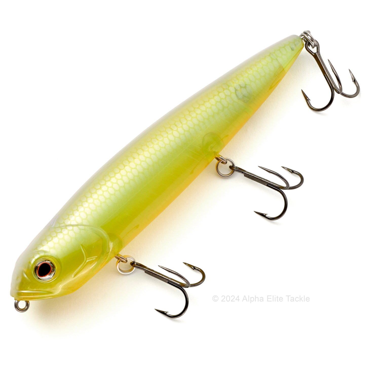 Close up of the Teckel Kicknocker Topwater in the color Phantom Chart Shad on a white background