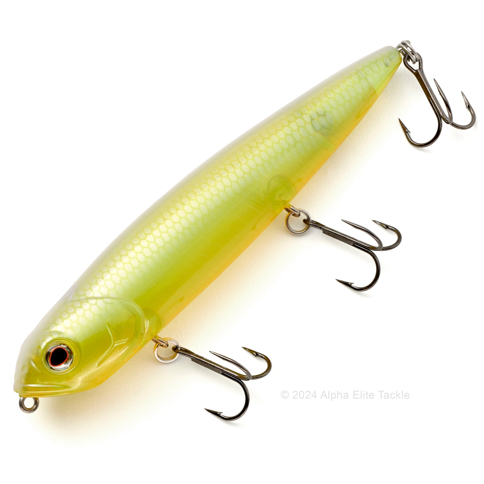 Close up of the Teckel Kicknocker Topwater in the color Phantom Chart Shad on a white background