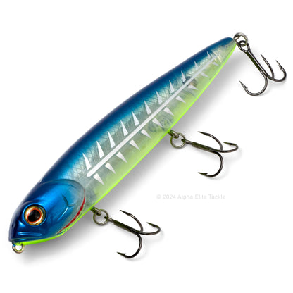 Close up of the Teckel Kicknocker Topwater in the color Pro Blue Shore on a white background