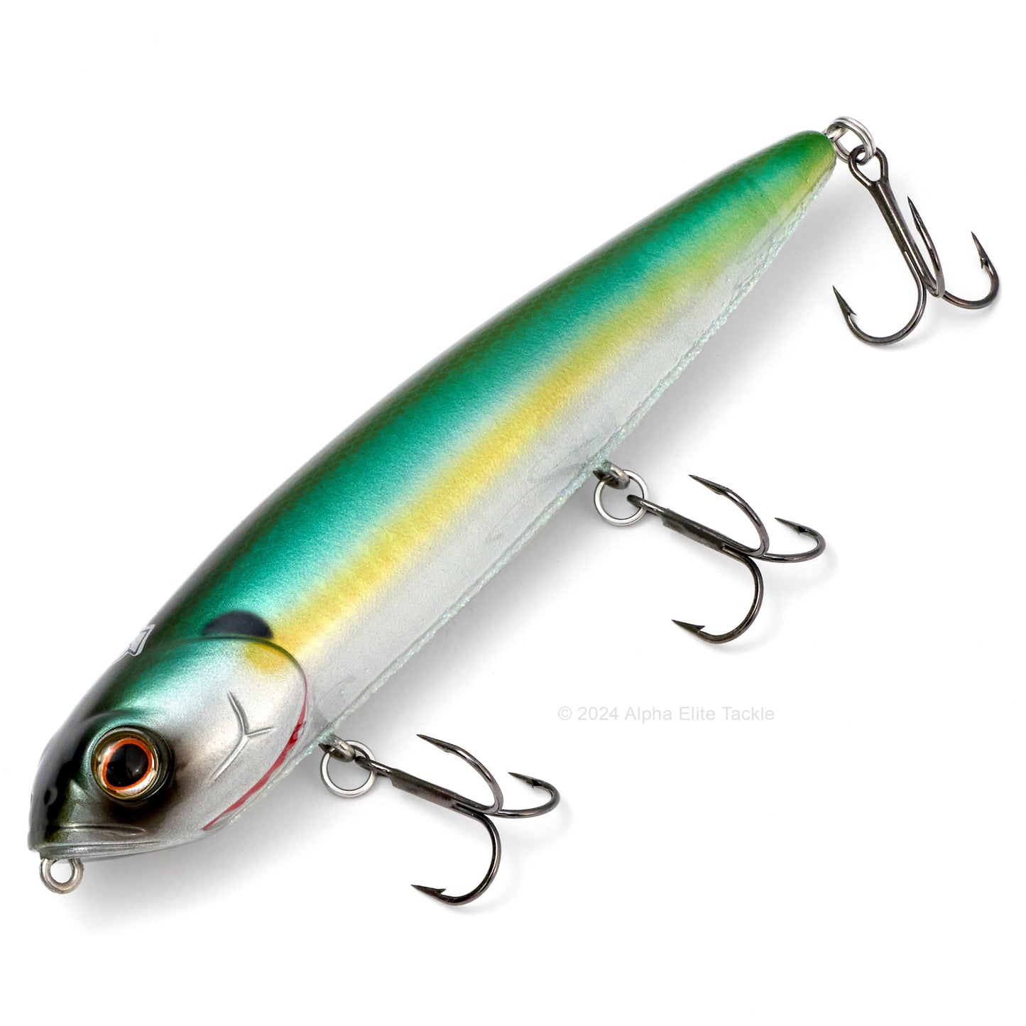 Close up of the Teckel Kicknocker Topwater in the color Threadfin Shad on a white background