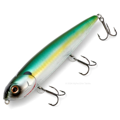 Close up of the Teckel Kicknocker Topwater in the color Threadfin Shad on a white background