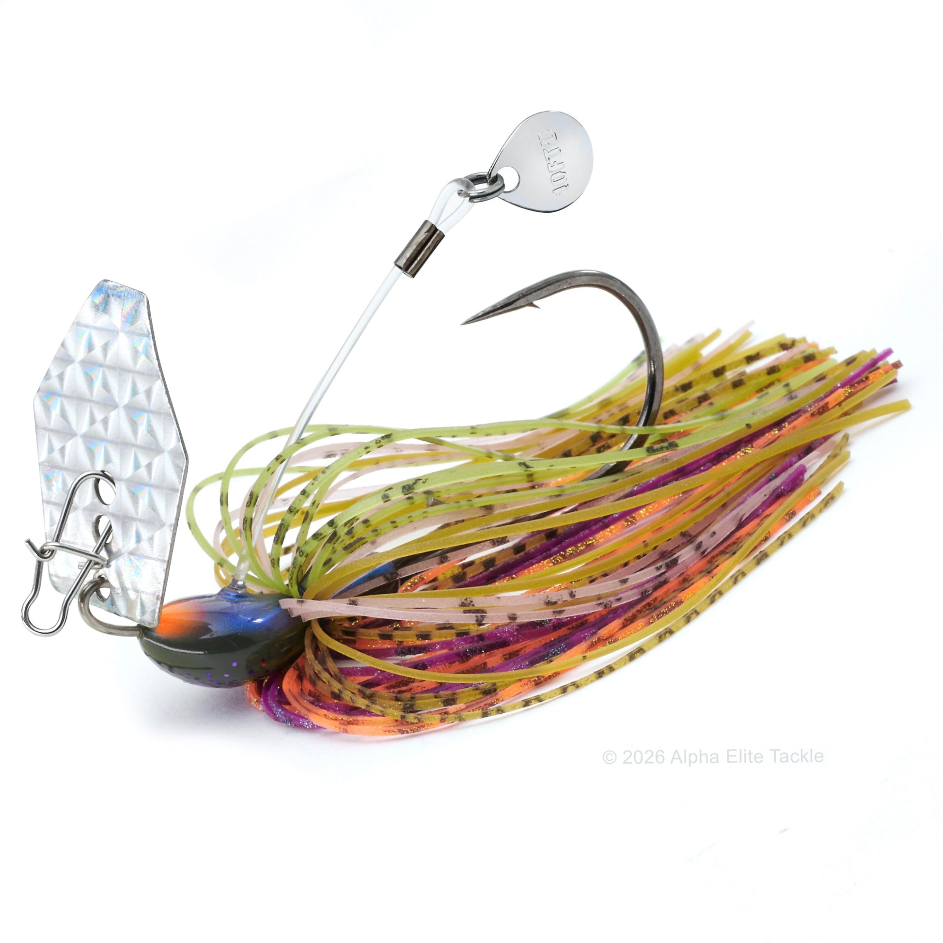 Close up of the Ten Feet Under Iyoken Addy Bladed Jig in the color Bluegill on a white background