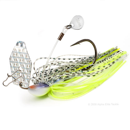 Close up of the Ten Feet Under Iyoken Addy Bladed Jig in the color Chart Shad on a white background