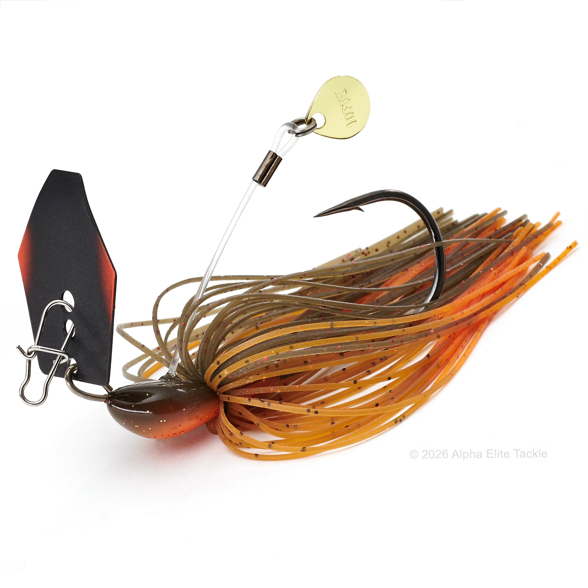 Close up of the Ten Feet Under Iyoken Addy Bladed Jig in the color Crawdad on a white background