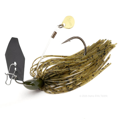 Close up of the Ten Feet Under Iyoken Addy Bladed Jig in the color Green Pumpkin Pepper on a white background