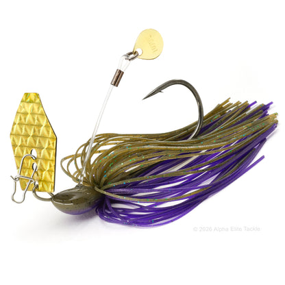Close up of the Ten Feet Under Iyoken Addy Bladed Jig in the color Okeechobee Craw on a white background