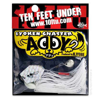Packaged fishing lure with 'Ten Feet Under' branding and 'Iyoken Chatter Addy' design.