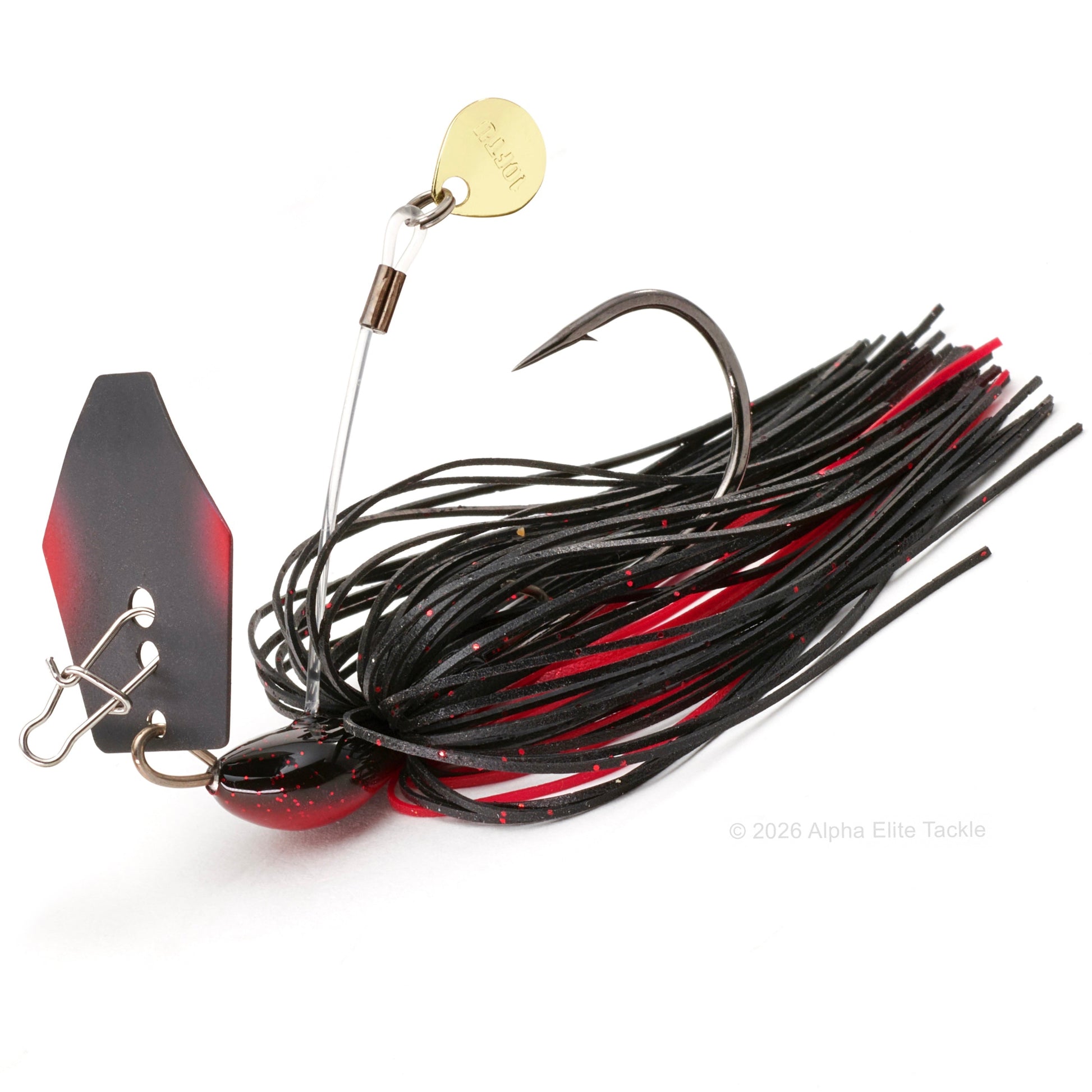 Close up of the Ten Feet Under Iyoken Addy Bladed Jig in the color Red Craw on a white background