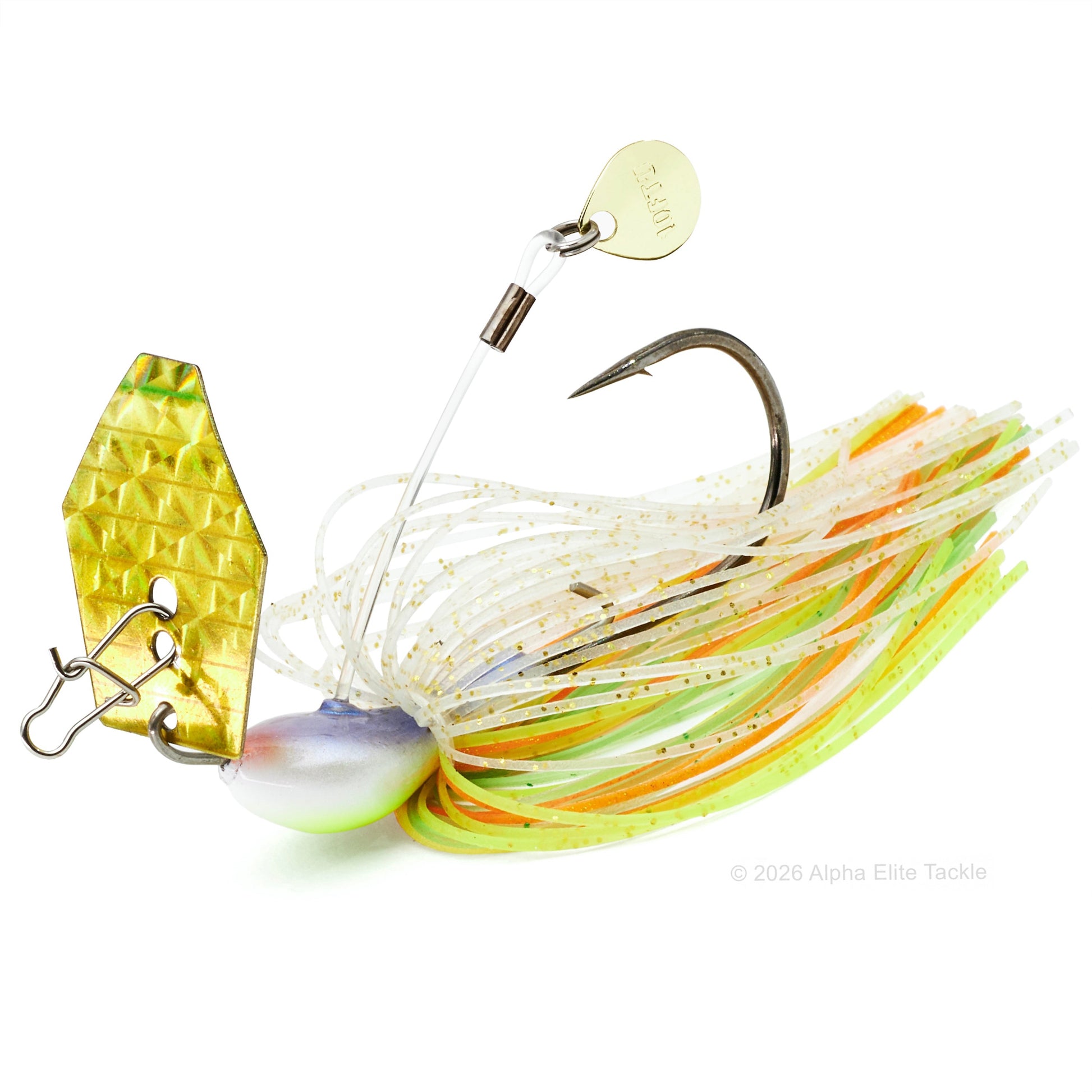 Close up of the Ten Feet Under Iyoken Addy Bladed Jig in the color Salad on a white background