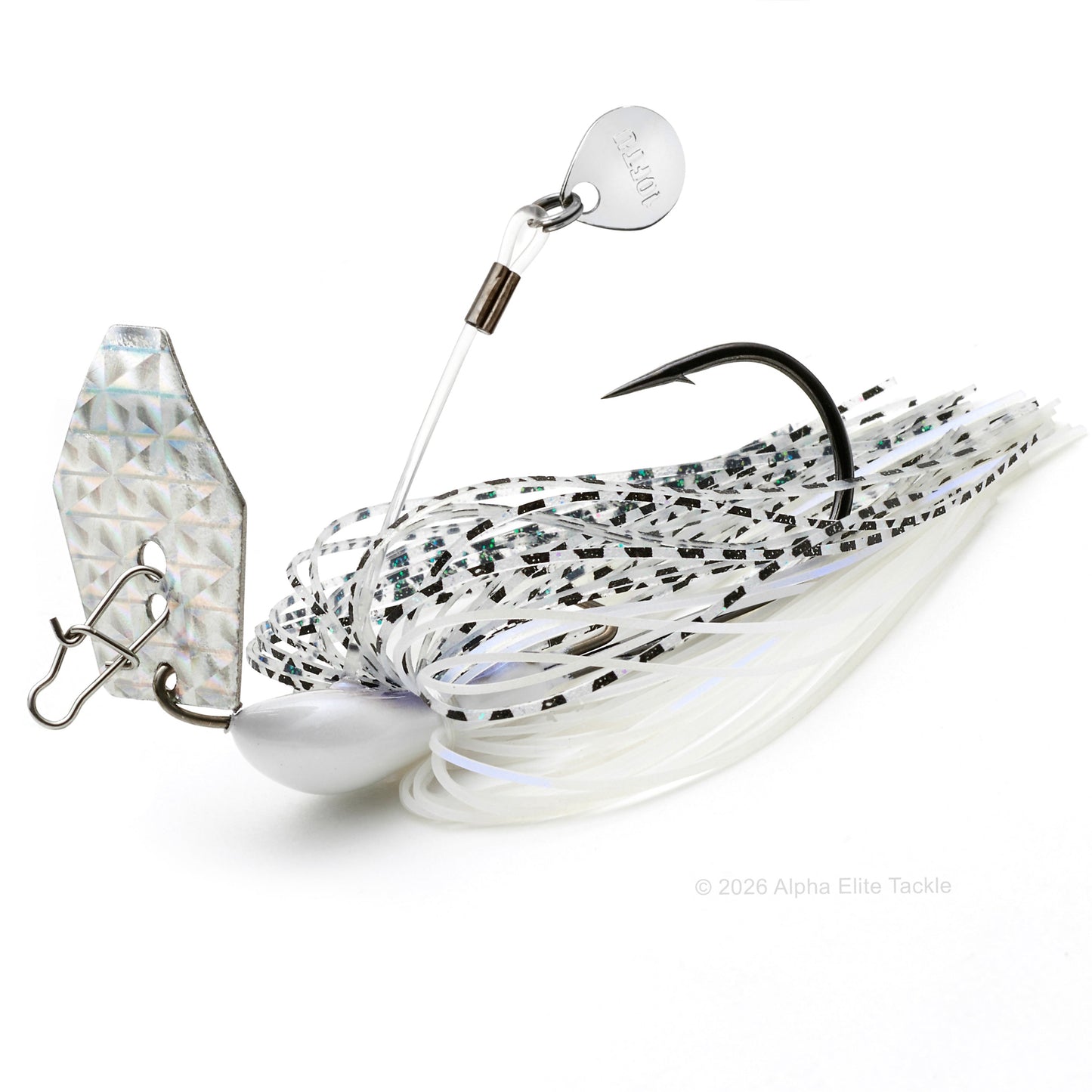 Close up of the Ten Feet Under Iyoken Addy Bladed Jig in the color Shad on a white background