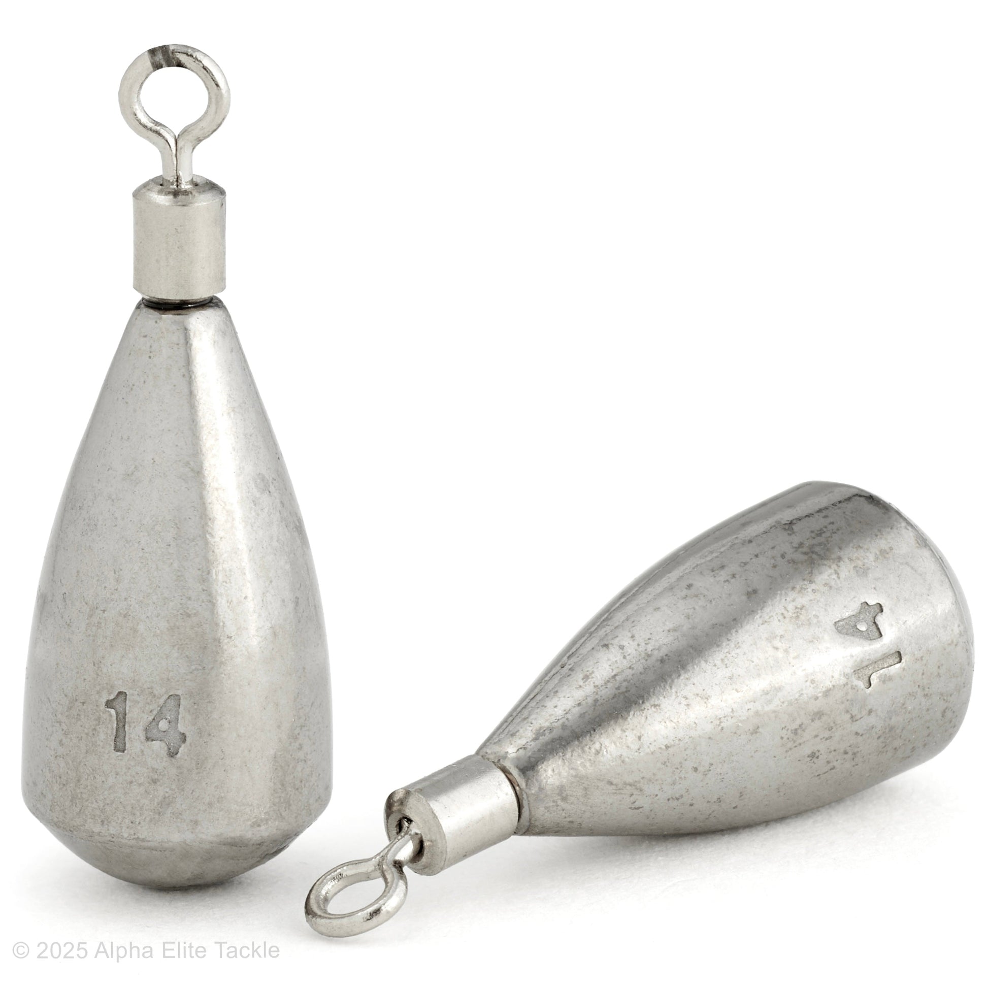 Close up of two Engine Studio 100 Tungsten Drop Shot weights on a white background.