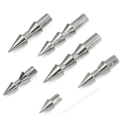Close up of 6 of Valley Hill TG 18 tungsten nail sinkers on a white background.