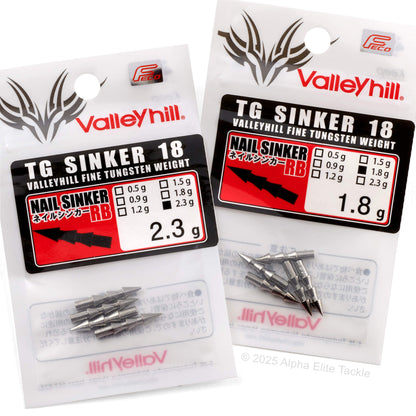 Two packages of Valley Hill TG 18 tungsten nail sinkers on a white background.