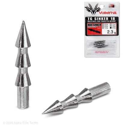 Two metal fishing sinkers and a Valley Hill packaging on a white background