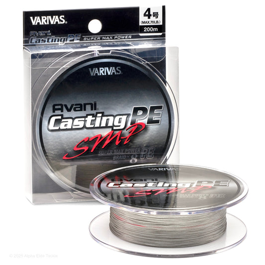 Varivas Avani Casting PE SMP fishing line packaging on a white background