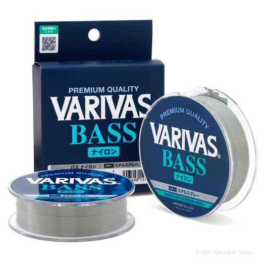 Photo is of two spools and one package of Varivas Bass Monofilament fishing line on a white background