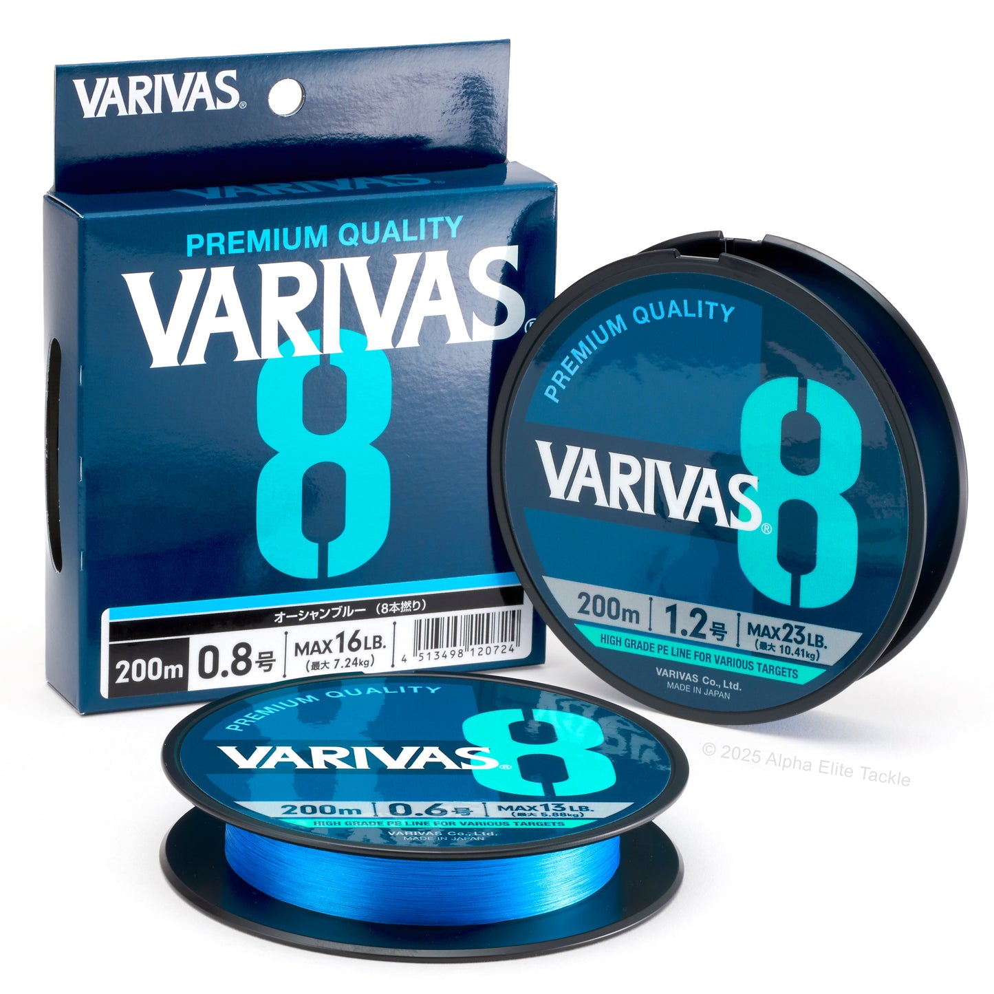 Varivas PEx8 Premium Braid line in the color Ocean Blue in package and spool on a white background