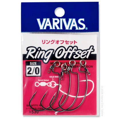 Close up of the Varivas Ring Offset Swivel hook packaging on a white background