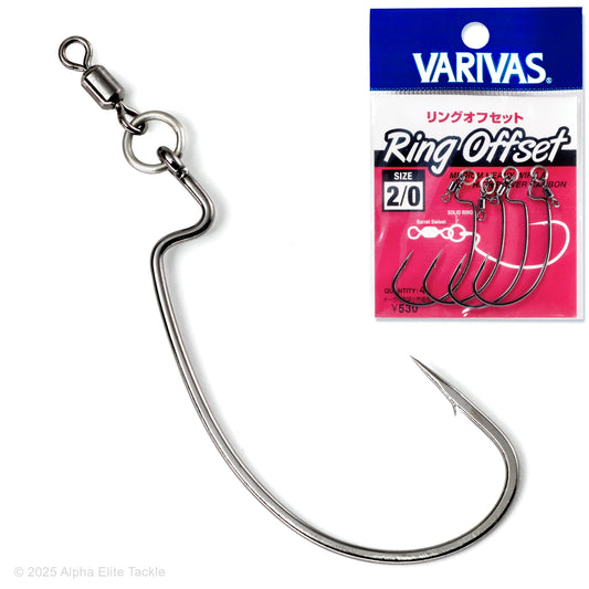 Close up of the Varivas Ring Offset Swivel hook and it's packaging on a white background