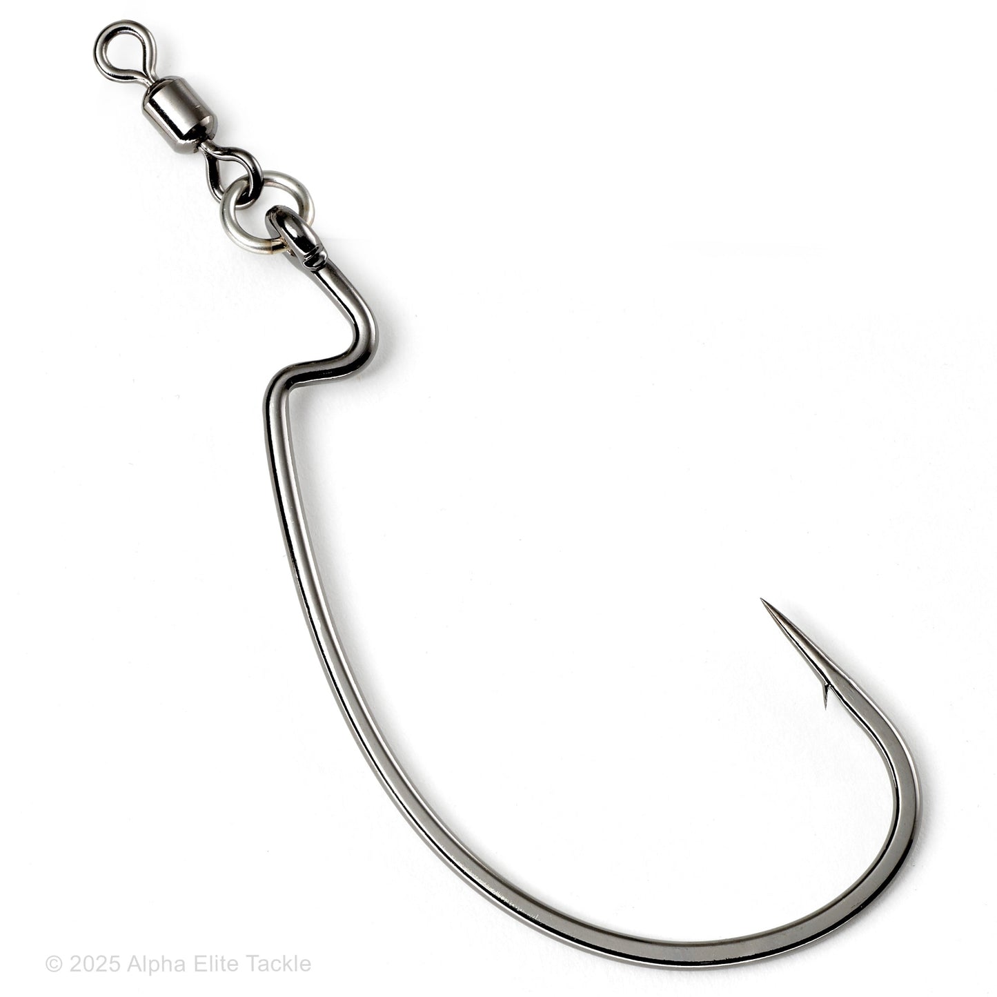 Close up of the Varivas Ring Offset Monster Swivel hook on a white background