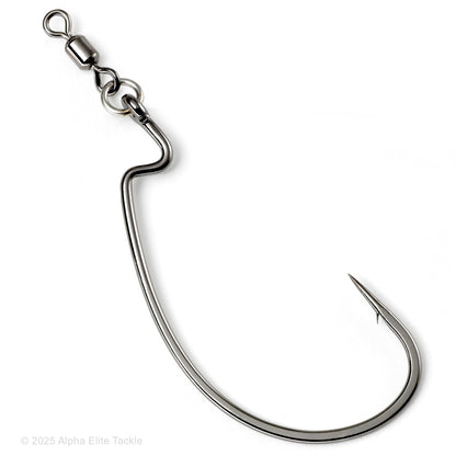 Close up of the Varivas Ring Offset Monster Swivel hook on a white background