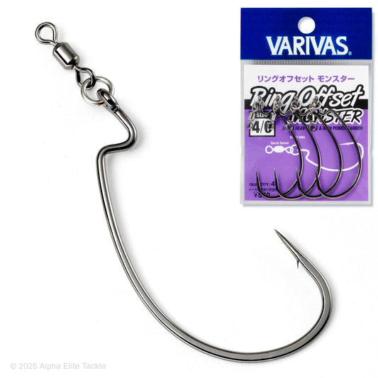 Close up of the Varivas Ring Offset Monster Swivel hook and it's packaging on a white background